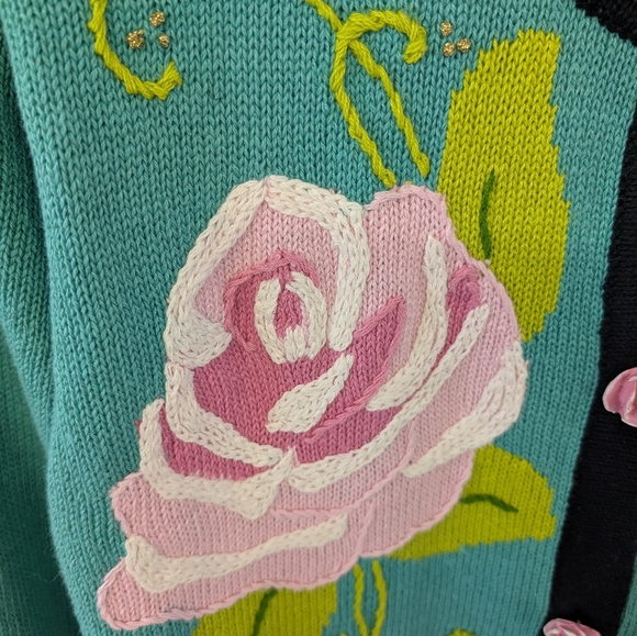Sweater Teal Black Pink Rose Buttons And Rose And Gold Design Size S - Picture 7 of 7